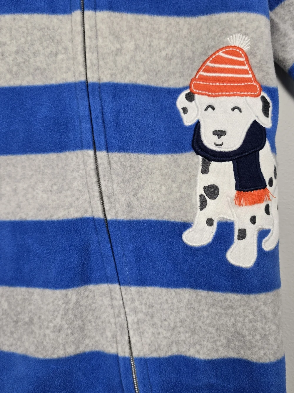 Carter's Blue & Gray Striped Fleece Footed One-Piece with Puppy Patch 9M